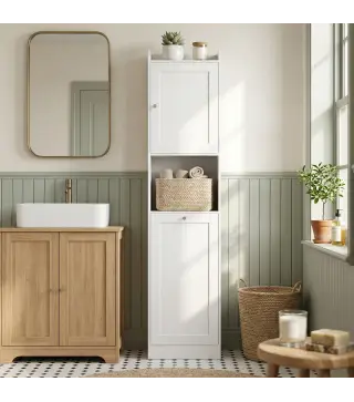 Armario Alto de Baño con Cesto Ropa Sucia con Compartimentos Abiertos y Estantes Ajustables 40x30x170 cm Blanco