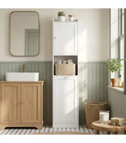 Armario Alto de Baño con Cesto Ropa Sucia con Compartimentos Abiertos y Estantes Ajustables 40x30x170 cm Blanco