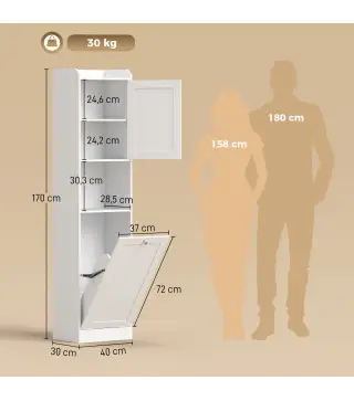 Armario Alto de Baño con Cesto Ropa Sucia con Compartimentos Abiertos y Estantes Ajustables 40x30x170 cm Blanco