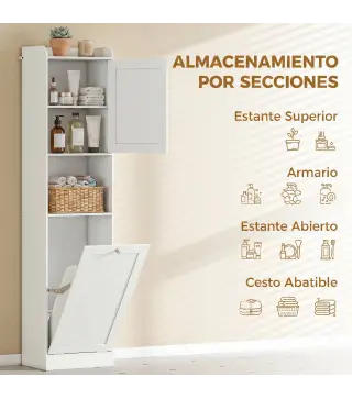 Armario Alto de Baño con Cesto Ropa Sucia con Compartimentos Abiertos y Estantes Ajustables 40x30x170 cm Blanco