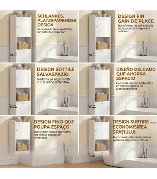 Armario Alto de Baño con Cesto Ropa Sucia con Compartimentos Abiertos y Estantes Ajustables 40x30x170 cm Blanco