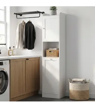 Armario Alto de Baño con Cesto Ropa Sucia con Compartimentos Abiertos y Estantes Ajustables 40x30x170 cm Blanco