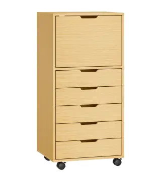 Cajonera de Oficina con 5 Cajones Ruedas y Armario con Cierre Suave Soporte para Impresora Natural