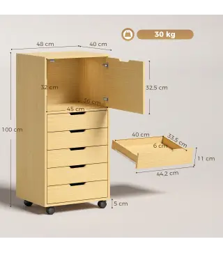 Cajonera de Oficina con 5 Cajones Ruedas y Armario con Cierre Suave Soporte para Impresora Natural