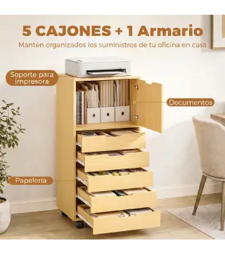 Cajonera de Oficina con 5 Cajones Ruedas y Armario con Cierre Suave Soporte para Impresora Natural