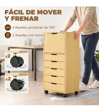Cajonera de Oficina con 5 Cajones Ruedas y Armario con Cierre Suave Soporte para Impresora Natural