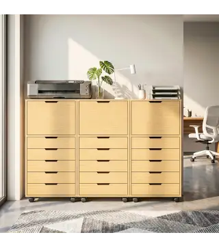 Cajonera de Oficina con 5 Cajones Ruedas y Armario con Cierre Suave Soporte para Impresora Natural