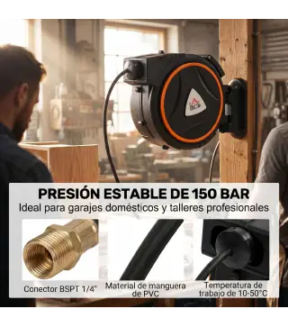Manguera Compresor Aire 20 m + 2 m Conector de 1/4'' BSP con Soporte para Pared Giratorio 180° Negro