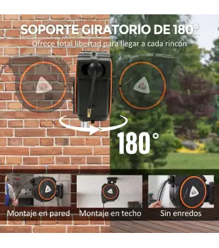Manguera Compresor Aire 20 m + 2 m Conector de 1/4'' BSP con Soporte para Pared Giratorio 180° Negro