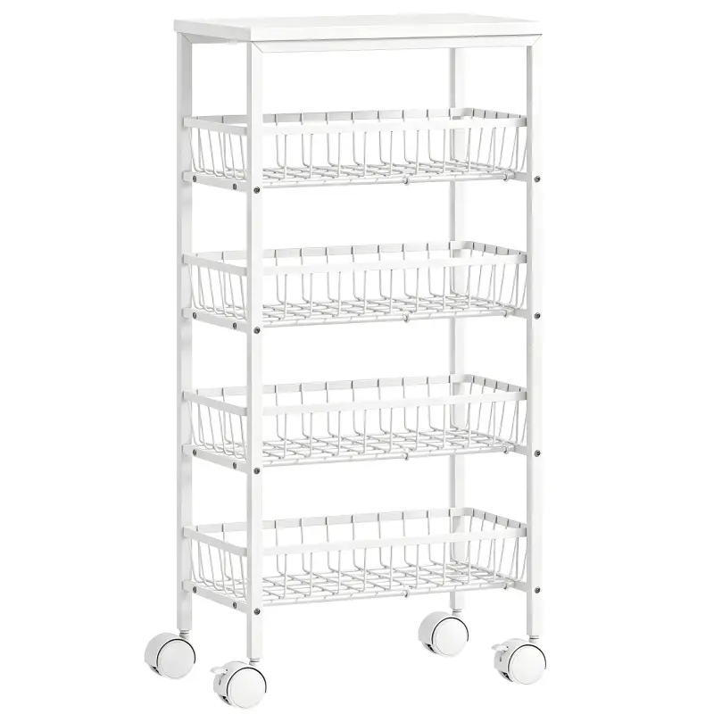 Carrito Auxiliar con Ruedas 4 Cestas Extraíbles Carga 15 kg Marco Metálico para Comedor Baño 40x24x82 cm Blanco Carrito Auxiliar con Ruedas 4 Cestas Extraíbles Carga 15 kg Marco Metálico para Comedor Baño 40x24x82 cm Blanco