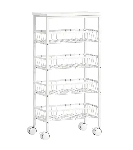 Carrito Auxiliar con Ruedas 4 Cestas Extraíbles Carga 15 kg Marco Metálico para Comedor Baño 40x24x82 cm Blanco