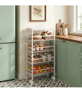 Carrito Auxiliar con Ruedas 4 Cestas Extraíbles Carga 15 kg Marco Metálico para Comedor Baño 40x24x82 cm Blanco