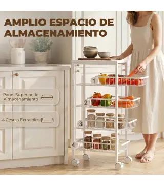 Carrito Auxiliar con Ruedas 4 Cestas Extraíbles Carga 15 kg Marco Metálico para Comedor Baño 40x24x82 cm Blanco