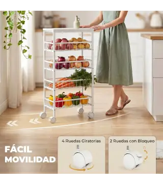 Carrito Auxiliar con Ruedas 4 Cestas Extraíbles Carga 15 kg Marco Metálico para Comedor Baño 40x24x82 cm Blanco