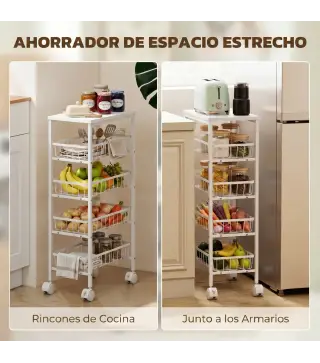 Carrito Auxiliar con Ruedas 4 Cestas Extraíbles Carga 15 kg Marco Metálico para Comedor Baño 40x24x82 cm Blanco