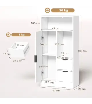 Armario de Baño con 2 Cajones Compartimento Abierto y Estantes Ajustables para Espacio Pequeño 50x25x100 cm Blanco