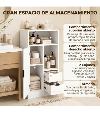 Armario de Baño con 2 Cajones Compartimento Abierto y Estantes Ajustables para Espacio Pequeño 50x25x100 cm Blanco