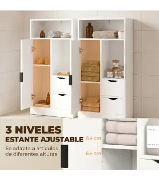 Armario de Baño con 2 Cajones Compartimento Abierto y Estantes Ajustables para Espacio Pequeño 50x25x100 cm Blanco