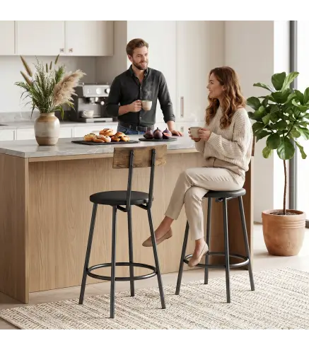 Set de 2 Taburetes de Bar con Respaldo y Reposapiés Tapizados en PU 41x47x92 cm Negro