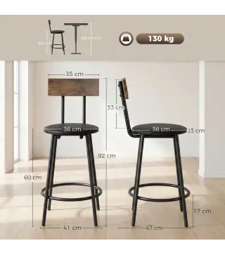 Set de 2 Taburetes de Bar con Respaldo y Reposapiés Tapizados en PU 41x47x92 cm Negro