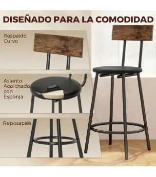 Set de 2 Taburetes de Bar con Respaldo y Reposapiés Tapizados en PU 41x47x92 cm Negro