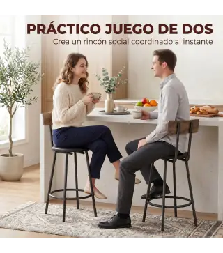 Set de 2 Taburetes de Bar con Respaldo y Reposapiés Tapizados en PU 41x47x92 cm Negro