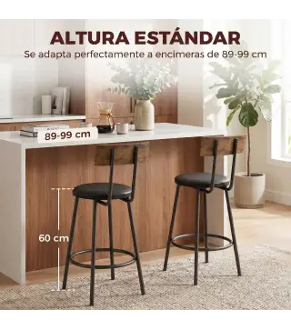 Set de 2 Taburetes de Bar con Respaldo y Reposapiés Tapizados en PU 41x47x92 cm Negro