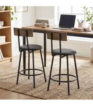 Set de 2 Taburetes de Bar con Respaldo y Reposapiés Tapizados en PU 41x47x92 cm Negro