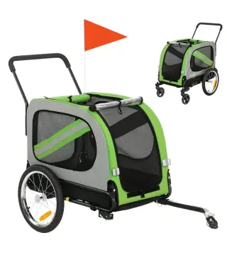 Remolque de Bicicleta para Perros 2 en 1 Carrito para Mascotas Plegable con Cinturón de Seguridad Reflectores Verde