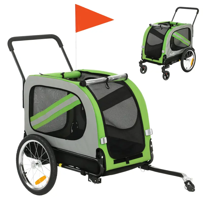 Remolque de Bicicleta para Perros 2 en 1 Carrito para Mascotas Plegable con Cinturón de Seguridad Reflectores Verde Remolque de Bicicleta para Perros 2 en 1 Carrito para Mascotas Plegable con Cinturón de Seguridad Reflectores Verde