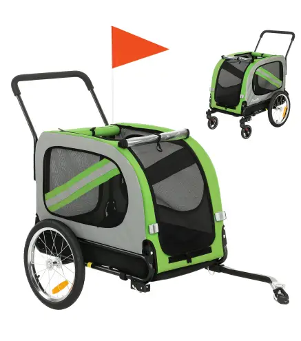 Remolque de Bicicleta para Perros 2 en 1 Carrito para Mascotas Plegable con Cinturón de Seguridad Reflectores Verde