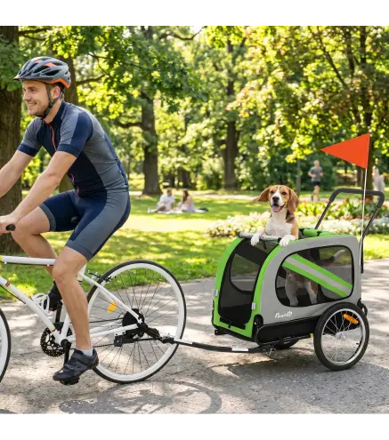 Remolque de Bicicleta para Perros 2 en 1 Carrito para Mascotas Plegable con Cinturón de Seguridad Reflectores Verde