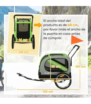 Remolque de Bicicleta para Perros 2 en 1 Carrito para Mascotas Plegable con Cinturón de Seguridad Reflectores Verde