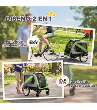 Remolque de Bicicleta para Perros 2 en 1 Carrito para Mascotas Plegable con Cinturón de Seguridad Reflectores Verde