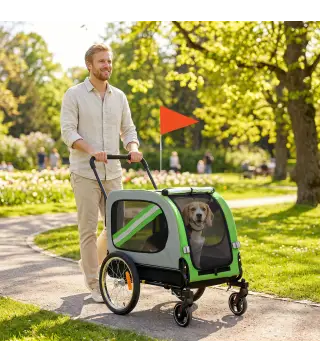 Remolque de Bicicleta para Perros 2 en 1 Carrito para Mascotas Plegable con Cinturón de Seguridad Reflectores Verde