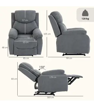 Sillón Reclinable Manual 150° Sillón Relax Tapizado en Tela Aspecto Lino con Reposapiés y Reposabrazos Acolchados Girs