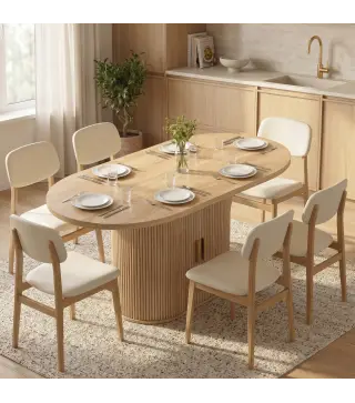 Mesa de Comedor Ovalada para 6 Personas con Tablero Grueso Puertas Correderas Tipo Persiana 6 Compartimentos Roble