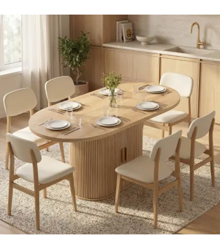 Mesa de Comedor Ovalada para 6 Personas con Tablero Grueso Puertas Correderas Tipo Persiana 6 Compartimentos Roble