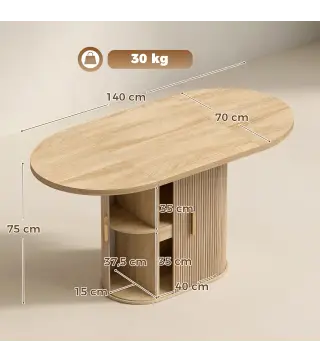 Mesa de Comedor Ovalada para 6 Personas con Tablero Grueso Puertas Correderas Tipo Persiana 6 Compartimentos Roble