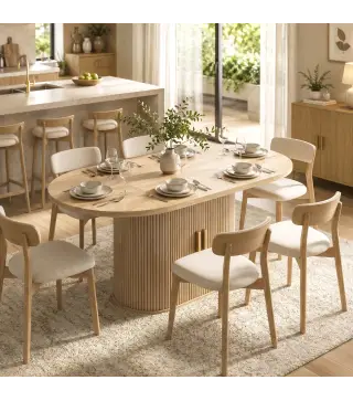 Mesa de Comedor Ovalada para 6 Personas con Tablero Grueso Puertas Correderas Tipo Persiana 6 Compartimentos Roble