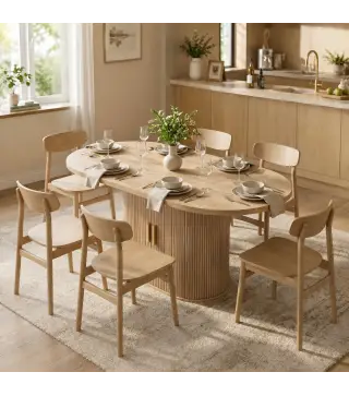 Mesa de Comedor Ovalada para 6 Personas con Tablero Grueso Puertas Correderas Tipo Persiana 6 Compartimentos Roble