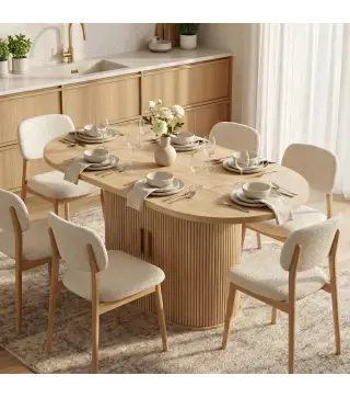 Mesa de Comedor Ovalada para 6 Personas con Tablero Grueso Puertas Correderas Tipo Persiana 6 Compartimentos Roble