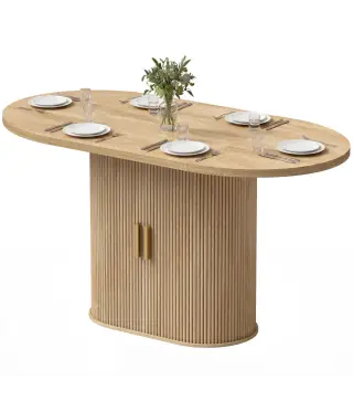 Mesa de Comedor Ovalada para 6 Personas con Tablero Grueso Puertas Correderas Tipo Persiana 6 Compartimentos Roble