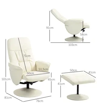 Sillón de Relax con Reposapiés Respaldo Reclinable hasta 145° para Salón Dormitorio Oficina 76x81x101 cm Crema