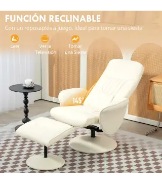 Sillón de Relax con Reposapiés Respaldo Reclinable hasta 145° para Salón Dormitorio Oficina 76x81x101 cm Crema