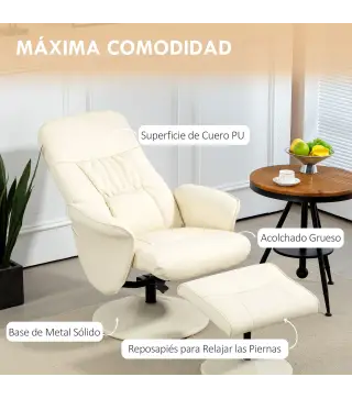 Sillón de Relax con Reposapiés Respaldo Reclinable hasta 145° para Salón Dormitorio Oficina 76x81x101 cm Crema