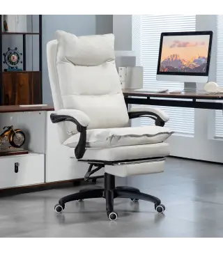 Silla de Escritorio con Masaje Altura Ajustable Respaldo Reclinable Reposapiés Giratoria 360° Crema