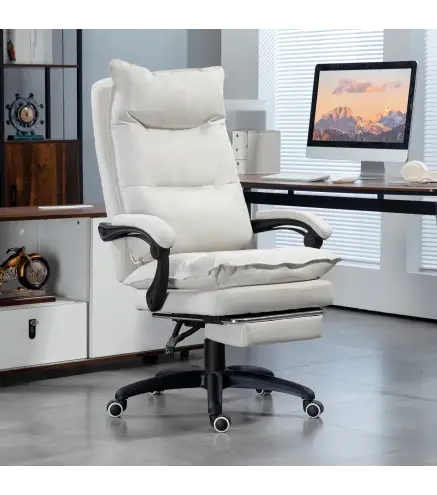 Silla de Escritorio con Masaje Altura Ajustable Respaldo Reclinable Reposapiés Giratoria 360° Crema