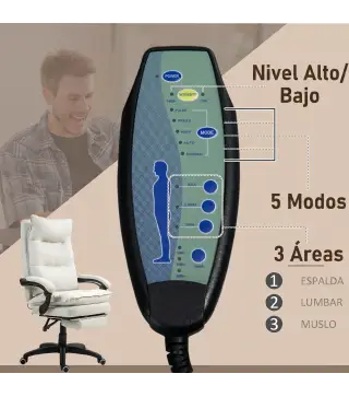 Silla de Escritorio con Masaje Altura Ajustable Respaldo Reclinable Reposapiés Giratoria 360° Crema