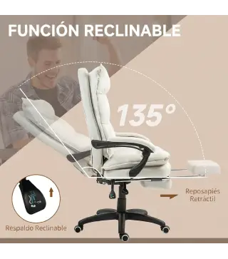 Silla de Escritorio con Masaje Altura Ajustable Respaldo Reclinable Reposapiés Giratoria 360° Crema